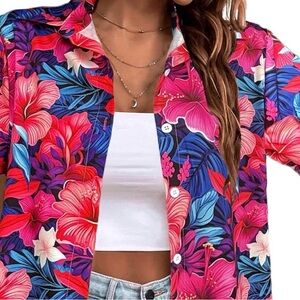 Tropical Floral Button-Down Shirt - Red and Blue